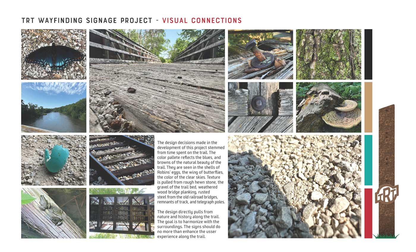 Visual Connections from the trail to the signs. Images of wood, metal, gravel and other textures and colors.