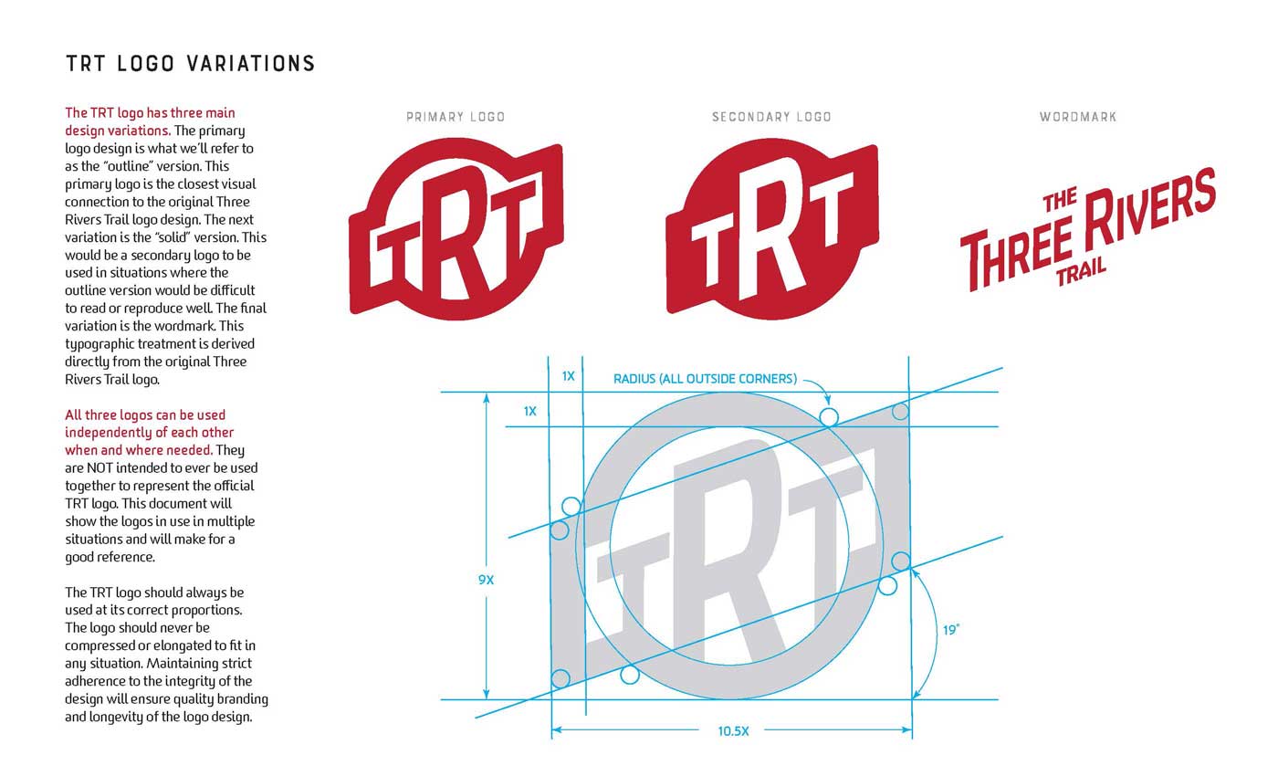 New TRT logo variations and gridded view of the construction of the logo