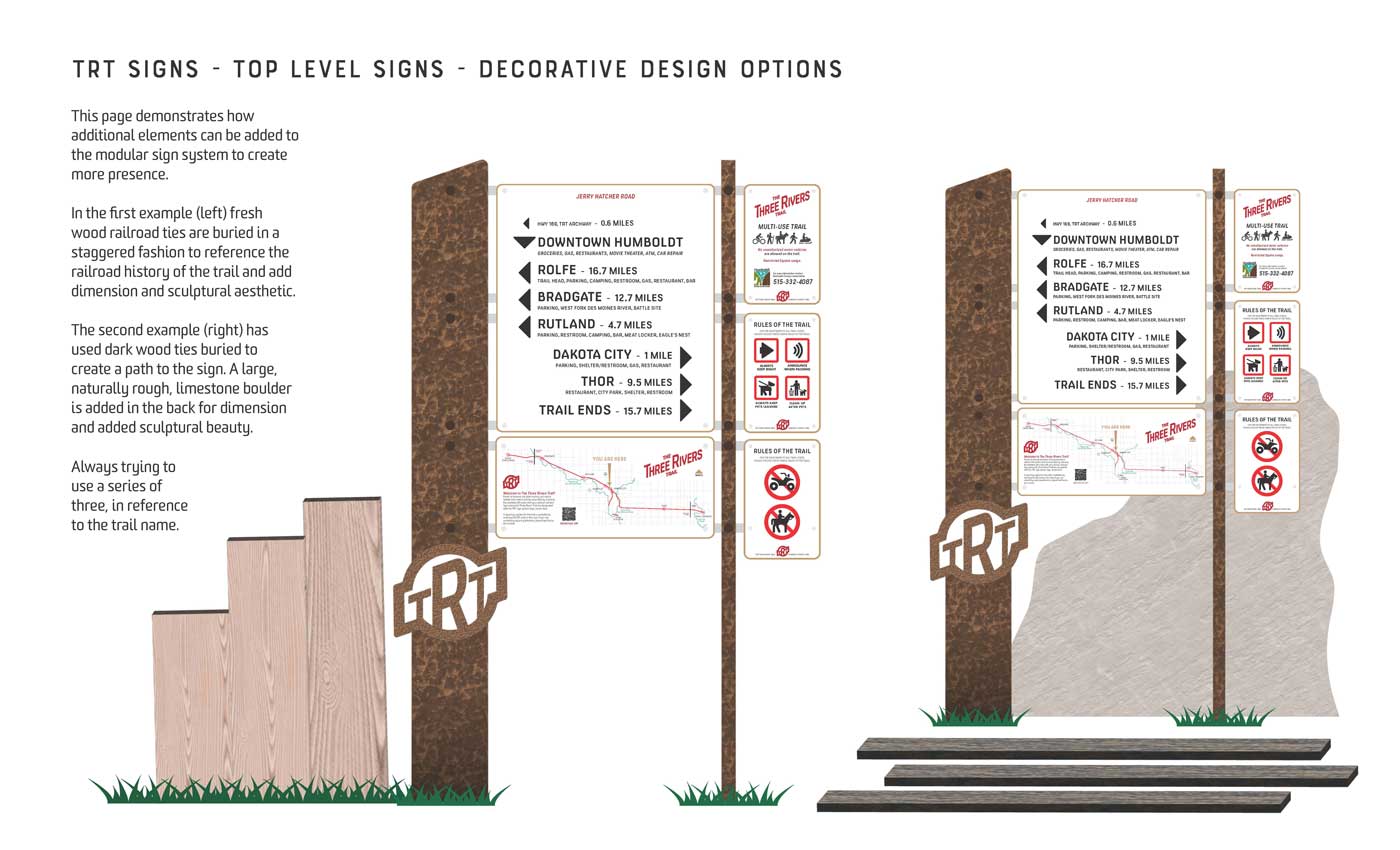 Decorative railroad tie options for added sculptural elements at trail access points