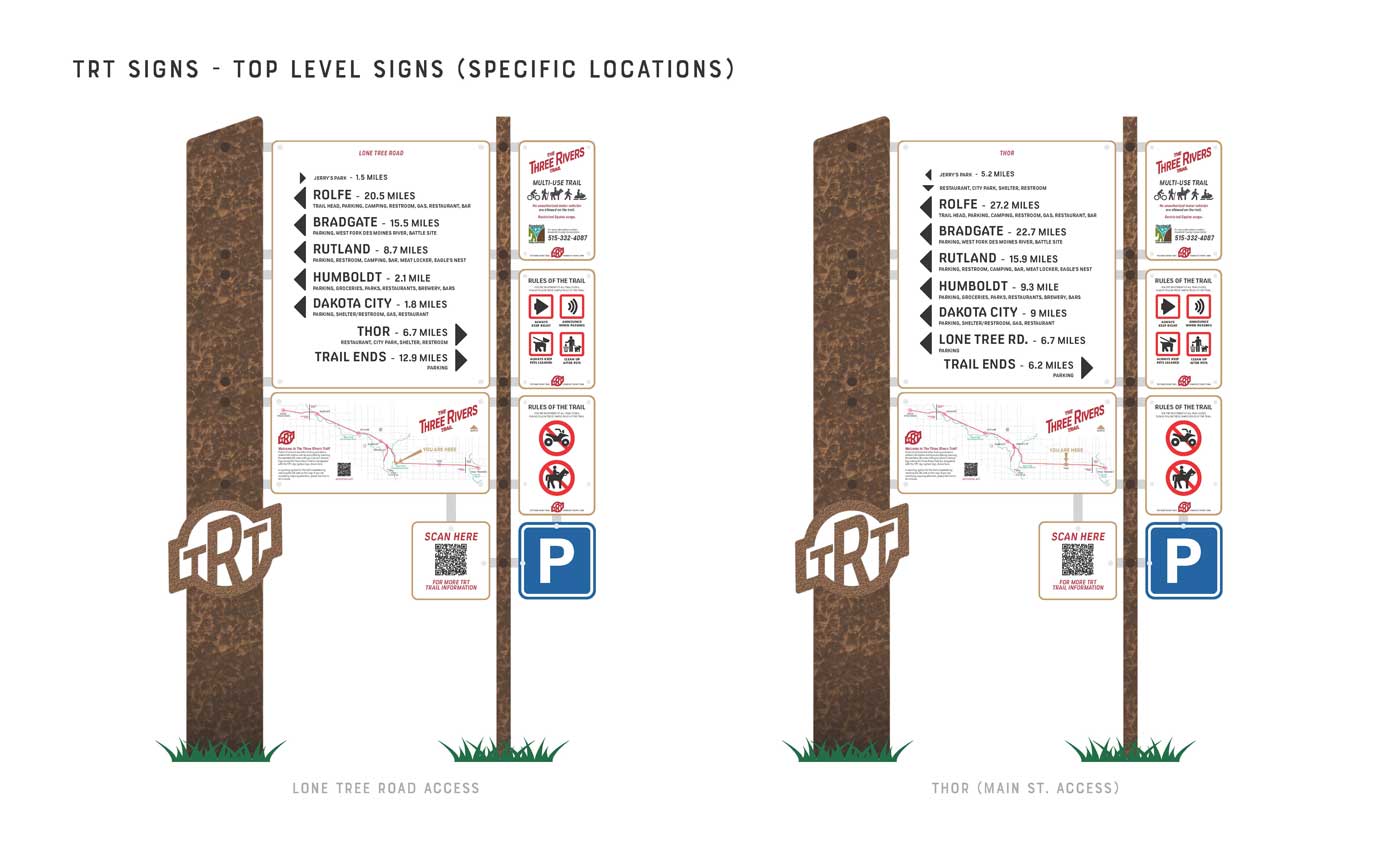Top level wayfinding signs with specific information for locations at Lone Tree Road and Thor