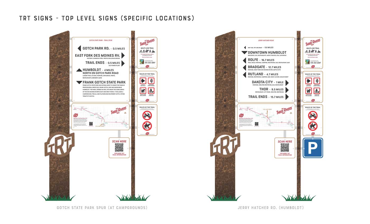 Top level wayfinding signs with specific information for locations at Gotch State Park and Jerry Hatcher Road
