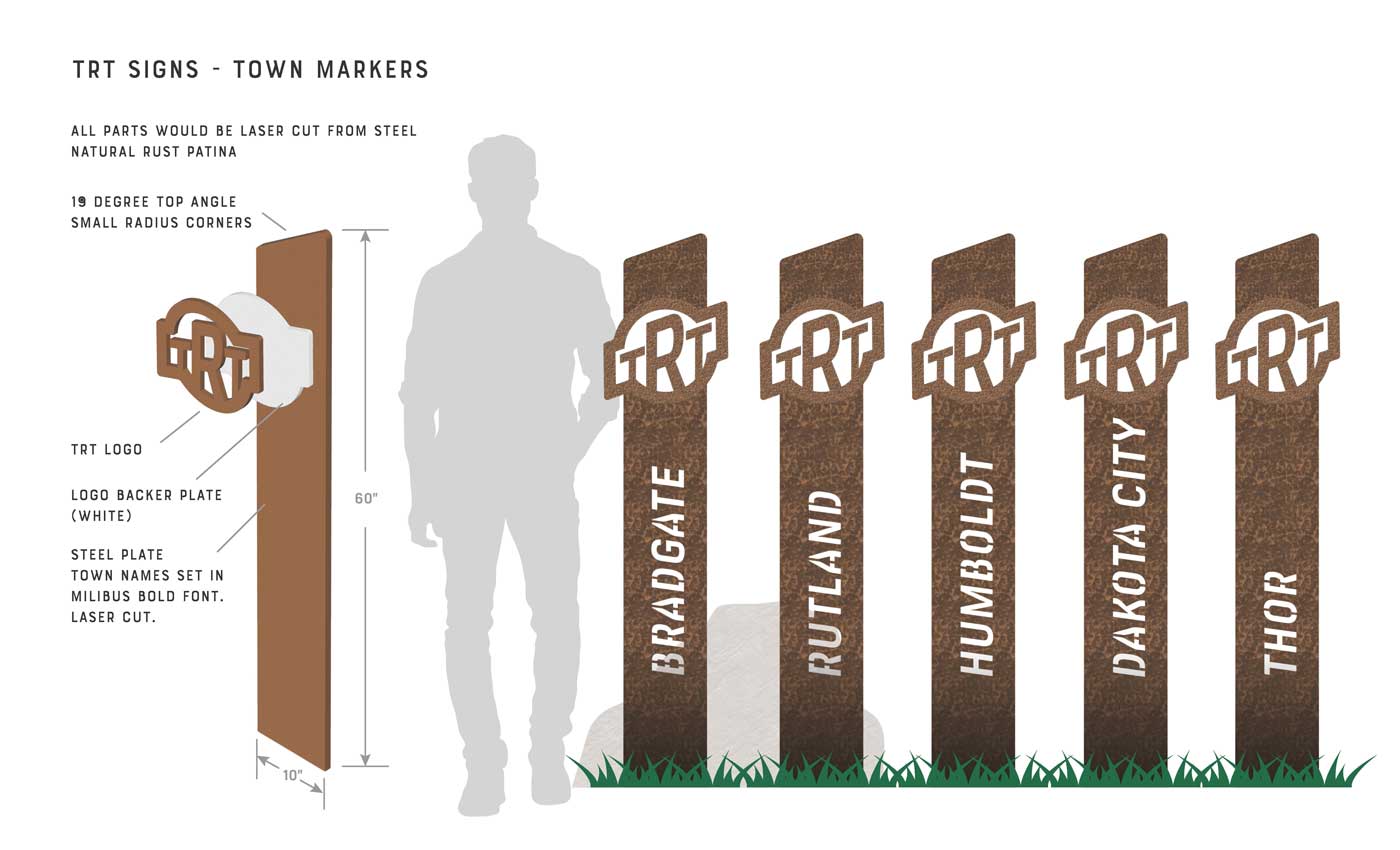 Town Marker signs created from laser cut steel with TRT logo and natural rust patina. Shown at scale with grown male silhouette