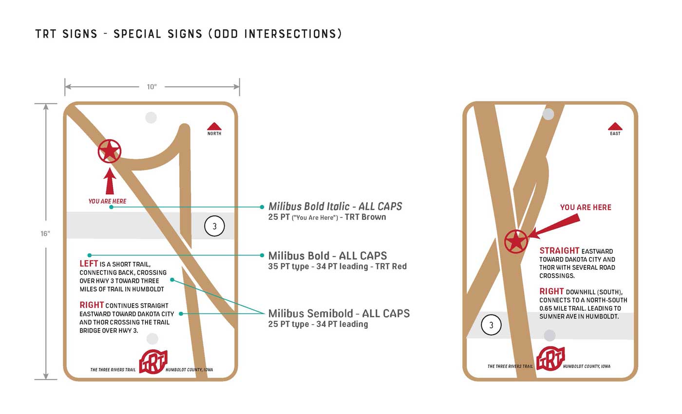 Special intersection signs shown with color, dimension, and typographic standards