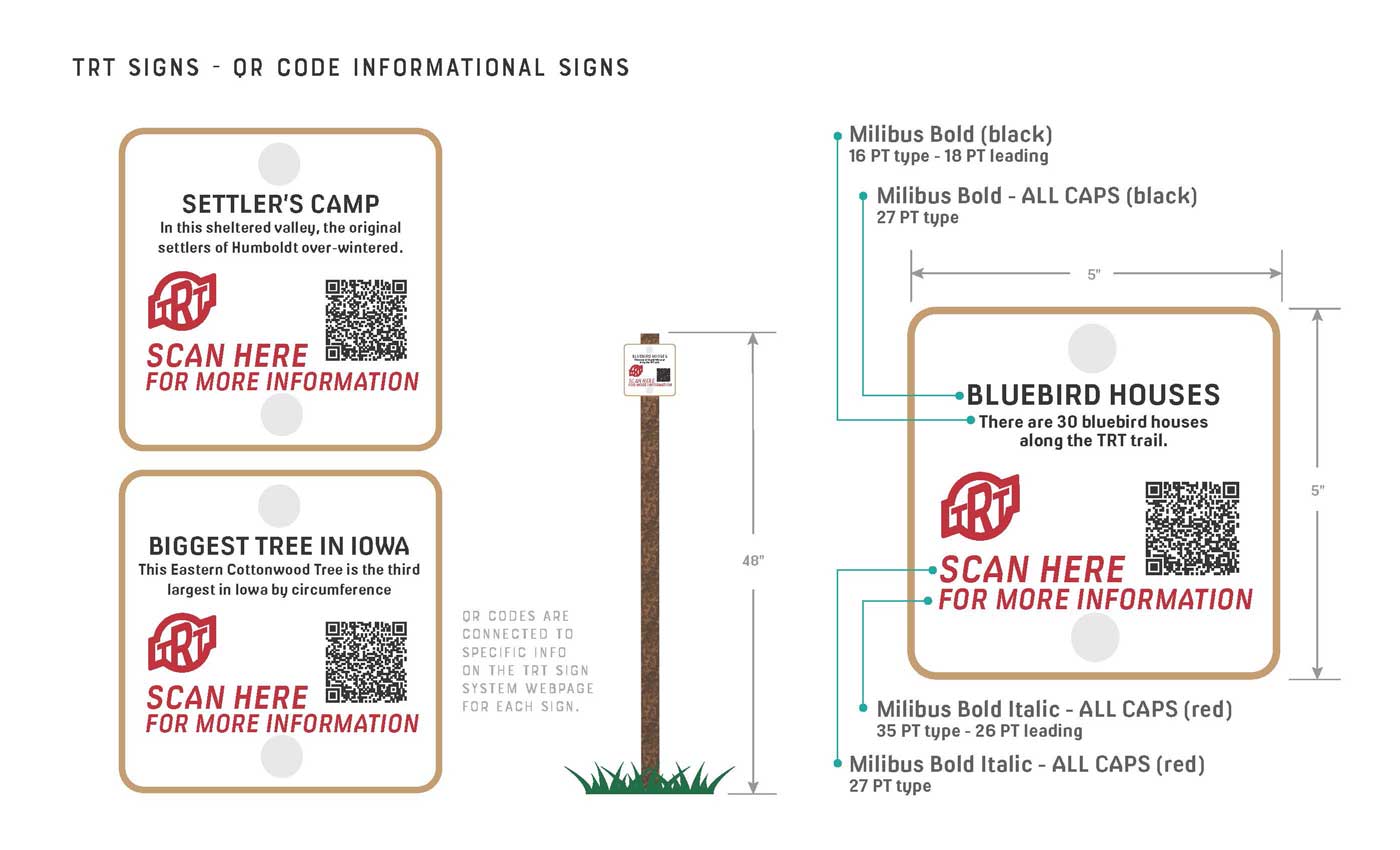 Design, dimensions, and typographic standards for QR code informational signs linking to TRT website