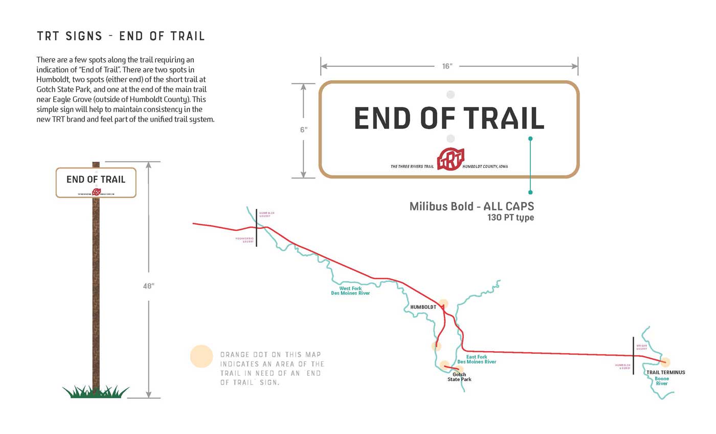 Design, dimensions, and typographic standards for End of Trail signs along with map illustration for placement