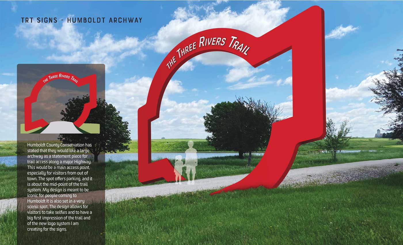 Mockup of TRT logo outer border design as an archway across the trail at the Highway 169 trail access