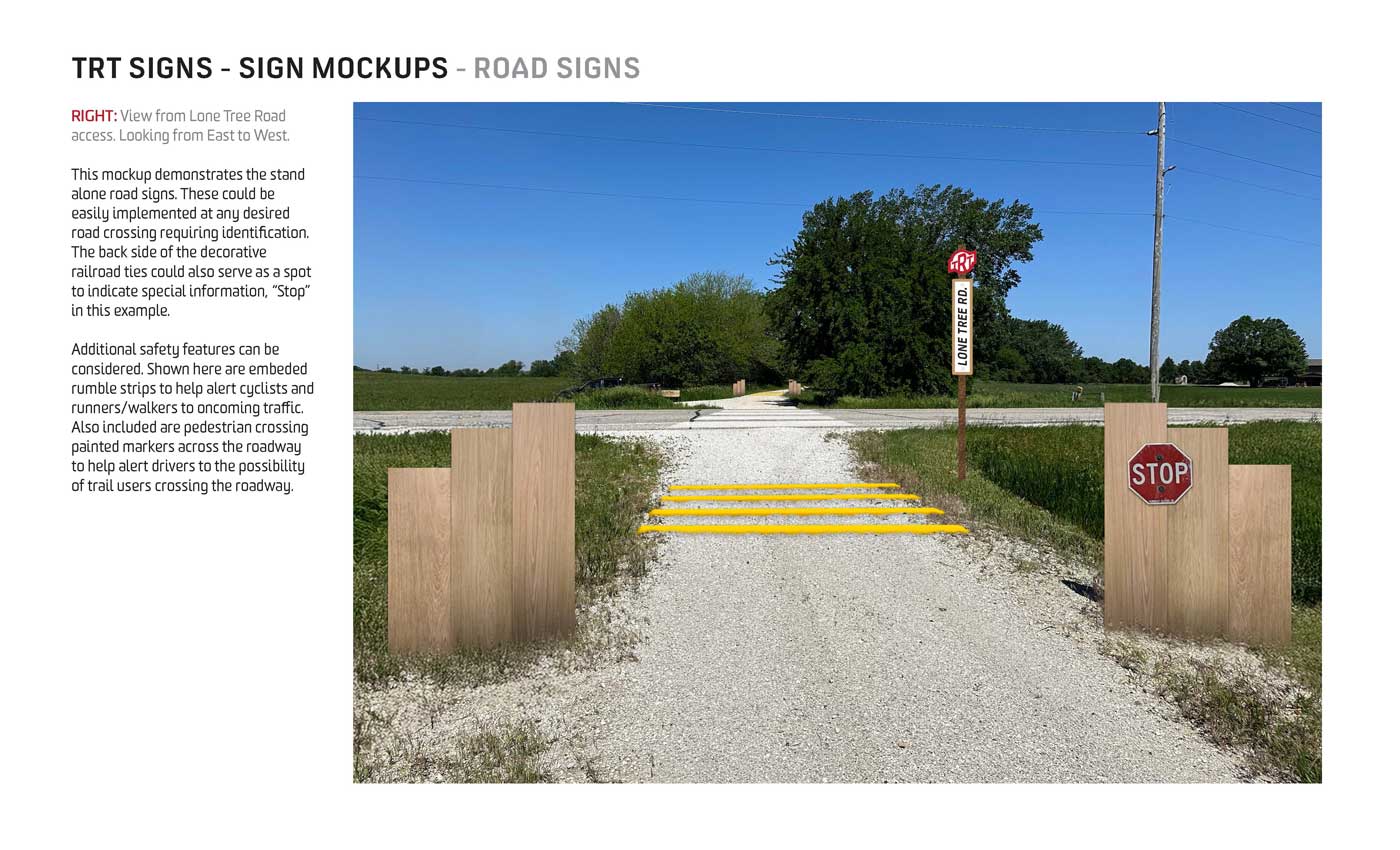 Mockup of Road signs at the Lone Tree Road trail and highway crossing, also showing decorative railroad tie installation on both sides of crossing